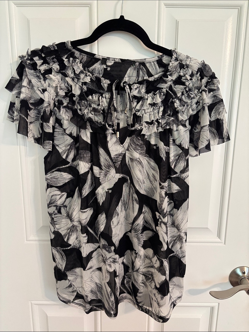 White House Black Market Black & White Floral Ruffle Off-Shoulder Top